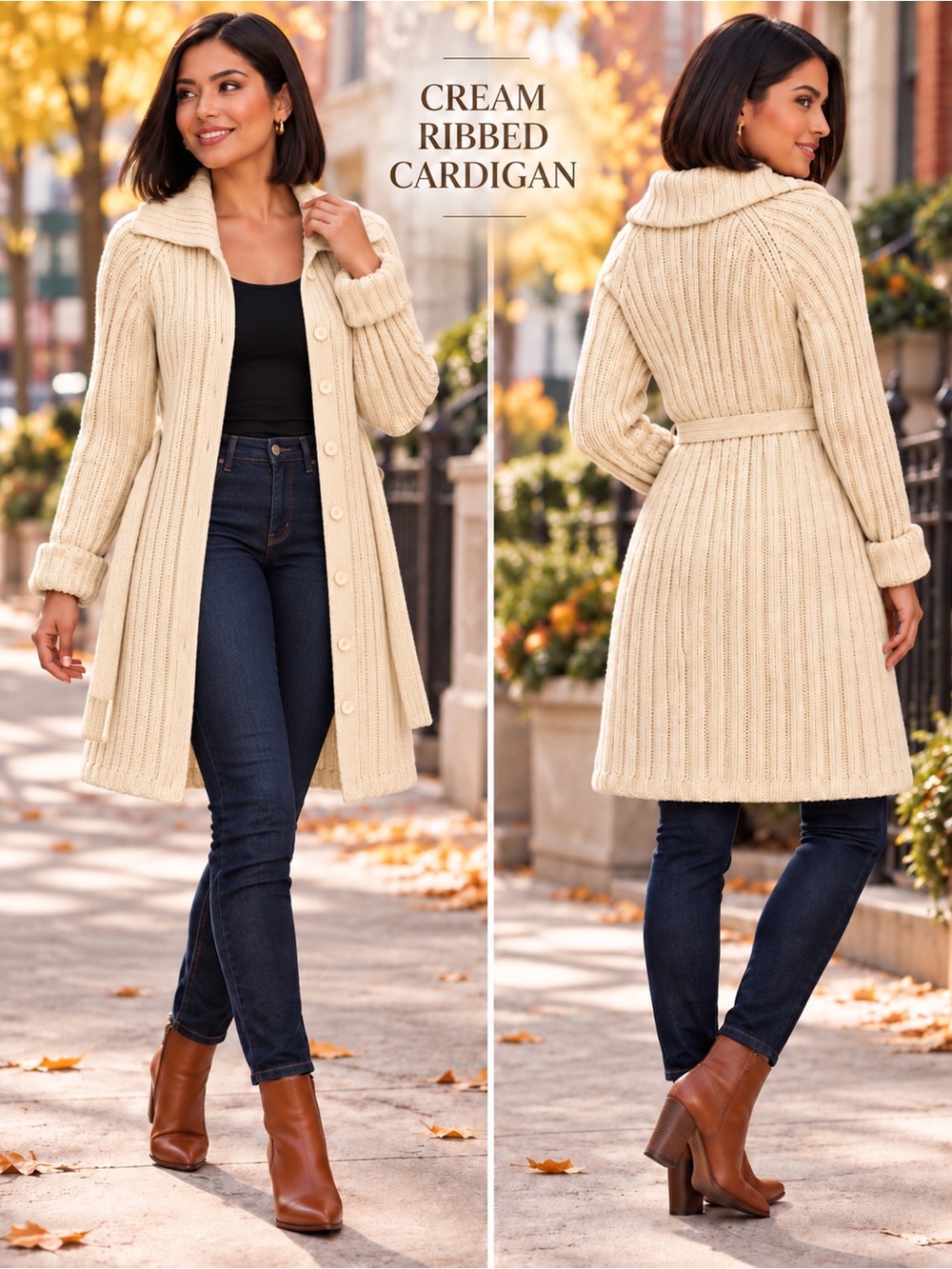 Express Cream Ribbed Long Cardigan with Belt